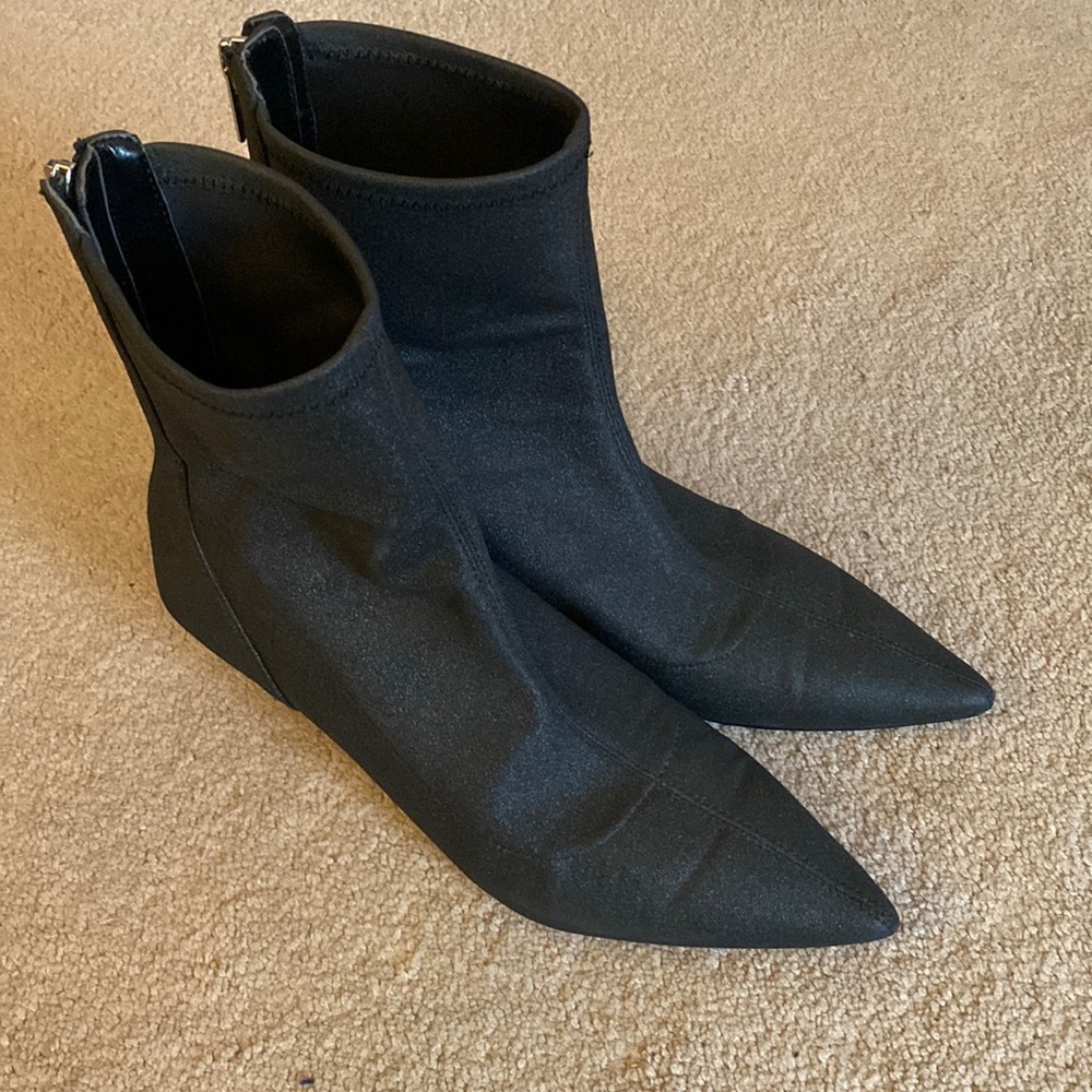 Jewel Badgley Mischka kitten heel pointed toe boots.